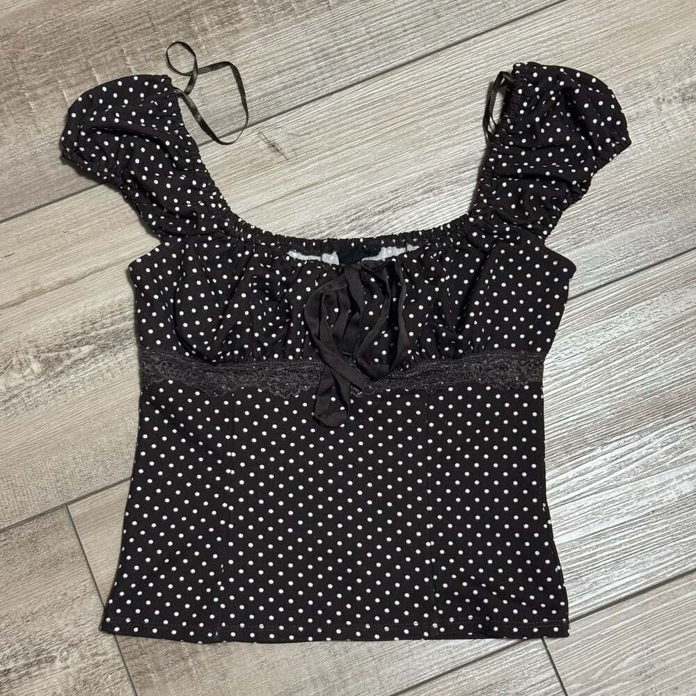 Mixed Threads Y2K Brown & White Polka Dot Puff Sleeve Tie-Front Top